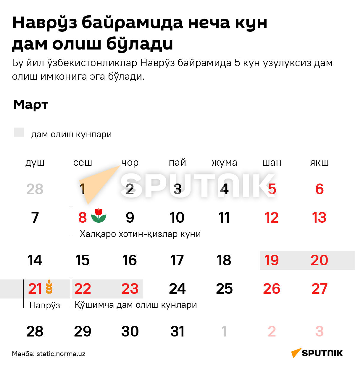 Сколько будут отдыхать на Навруз в Узбекистане деск узб - Sputnik Ўзбекистон