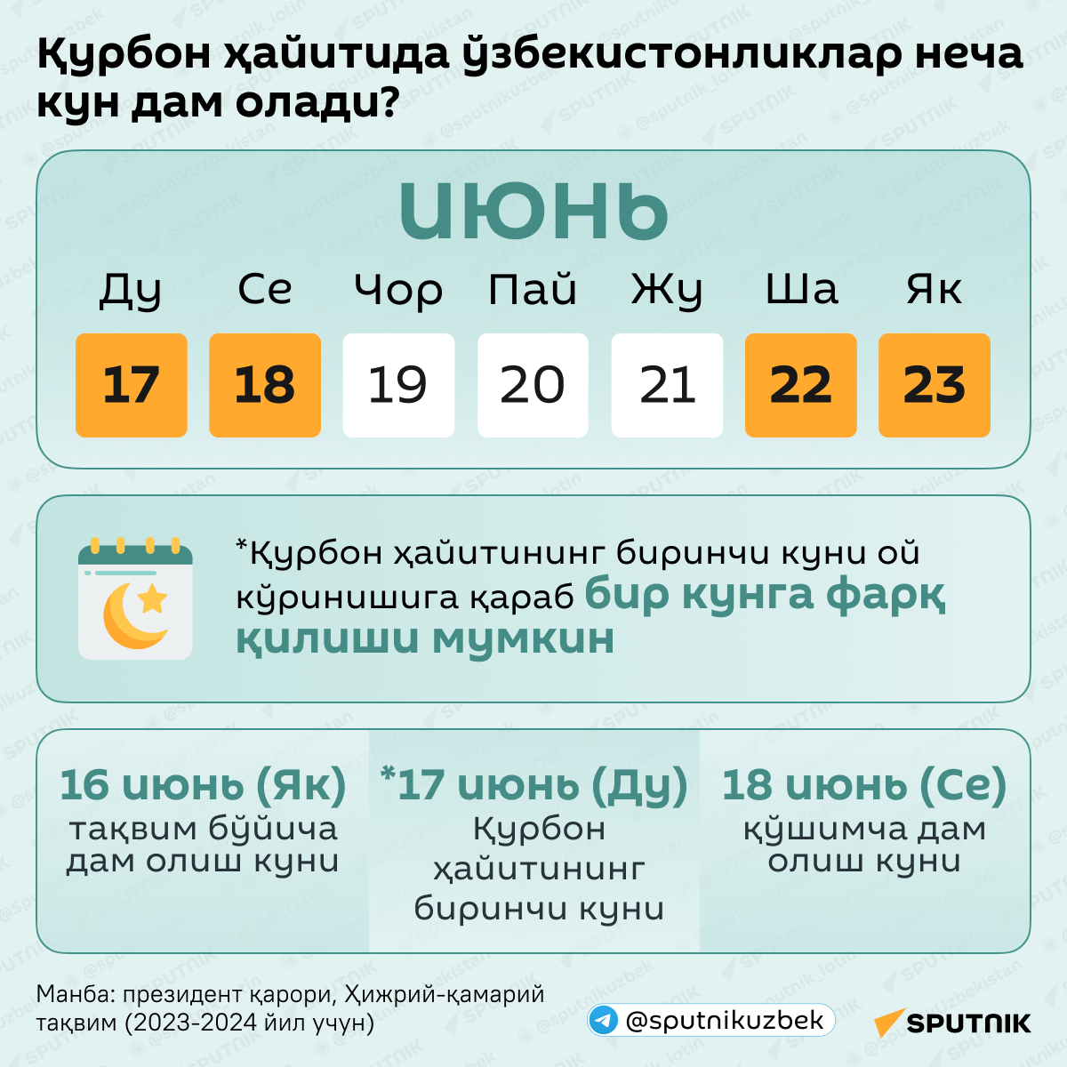 Сколько дней узбекистанцы отдыхают на Курбан-Байрам? - Sputnik Ўзбекистон