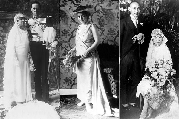 На фото: (слева) принцесса Изабелла Альфонса Бурбон-Сицилийская после свадьбы с польским графом Яном Замойским, 9 марта 1929 года; (в центре) принцесса Гермина Рейсс-Грейцская перед свадьбой с последним германским императором и королем Пруссии Вильгельмом II, 1 ноября 1922 года;  (справа) политический деятель Китая Сун Мэйлин с мужем маршалом и генералиссимусом Чаном Кайши, 1 декабря, 1927 года - Sputnik Узбекистан