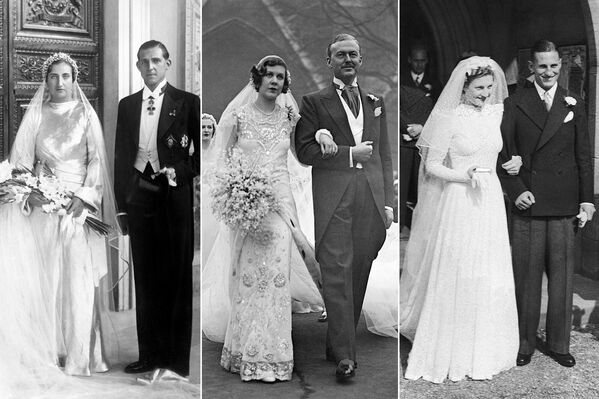 На фото: (слева): принцесса Мария де лас Мерседес Бурбон-Сицилийская с мужем принцем Хуаном, сыном короля Испании Альфонсо XIII, 12 октября 1935 года; (в центре) английская светская львица Нэнси Битон с мужем сэром Хью Смайли, 18 января 1933 года; (справа) мисс Дороти Мэри Деннис после свадьбы с Леном Хаттоном, крикетистом и капитаном сборной Англии, 16 сентября 1939 года - Sputnik Узбекистан