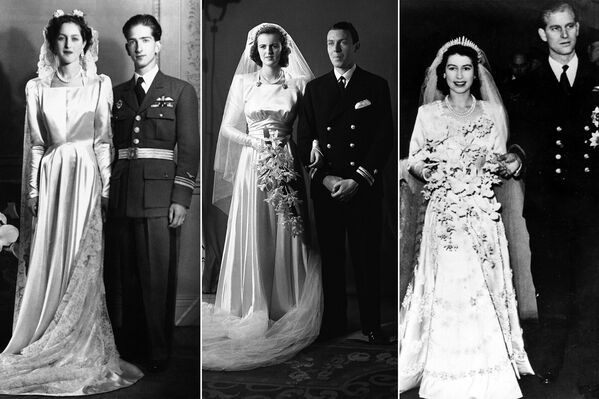 На фото: (слева) Александра, принцесса Греческая и Датская после свадебной церемонии с Петром II Карагеоргиевичем, последним королем Югославии, 20 марта 1944 года; (в центре) леди Сара Консуэло Спенсер-Черчилл с супругом лейтенантом Эдвином Расселом, 15 мая 1943 года; (справа) будущая королева Великобритании Елизавета II с мужем Филиппом, герцогом Эдинбургским, принцем Греческим и Датским, 20 ноября 1947 года - Sputnik Узбекистан