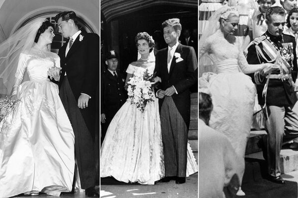 На фото: (слева) Элизабет Тейлор с Конрадом Хилтоном –младшим, 6 мая 1950 года; (в центре) Жаклин Кеннеди (Бувье) с будущим президентом США Джоном Фицджералдом Кеннеди, 12 сентября 1953 года; (справа) актриса Грейс Келли после свадьбы с князем Монако Ренье III, 19 апреля 1956 года - Sputnik Узбекистан