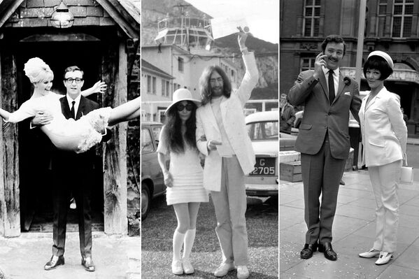 На фото: (слева) Шведская актриса Бритт Экланд с мужем британским актером Питером Селлерсом, 19 февраля 1964 года; (в центре) японская художница Йоко Оно после свадьбы с британским рок-музыкантом и участником группы The Beatles Джоном Ленноном, 20 марта 1969 года; (справа) английская актриса Аманда Барри с мужем актером Робином Хантером, 19 июня 1967 года - Sputnik Узбекистан