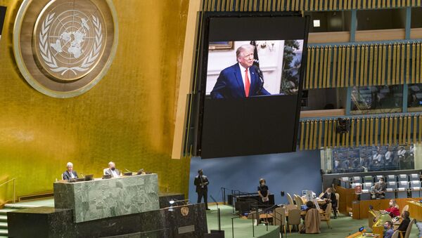 Фрагмент трансляции выступления президента США Дональда Трампа с видеообращением на 75-й сессии Генассамблеи ООН - Sputnik Узбекистан