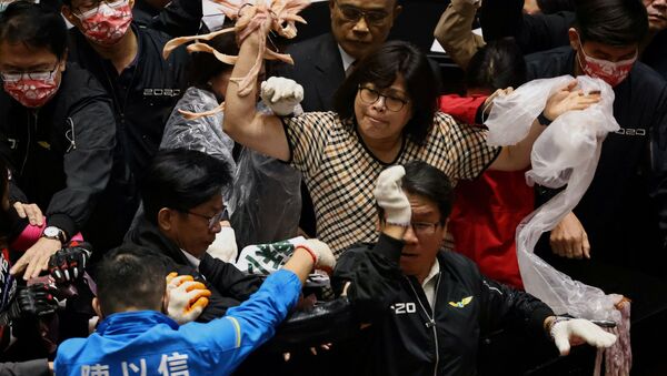 Тайваньские парламентарии кидаются друг в друга свиными потрохами - Sputnik Узбекистан