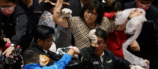 Тайваньские парламентарии кидаются друг в друга свиными потрохами - Sputnik Узбекистан