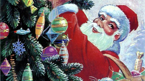Новогодняя открытка Дед Мороз наряжает ёлку - Sputnik Ўзбекистон