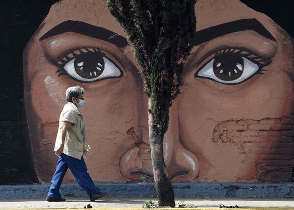 Mexiko shahri, San Nicolas Tolentino qabristoni devorlariga chiqilgan grafiti yonidan oʻtayotgan ayol - Sputnik Oʻzbekiston