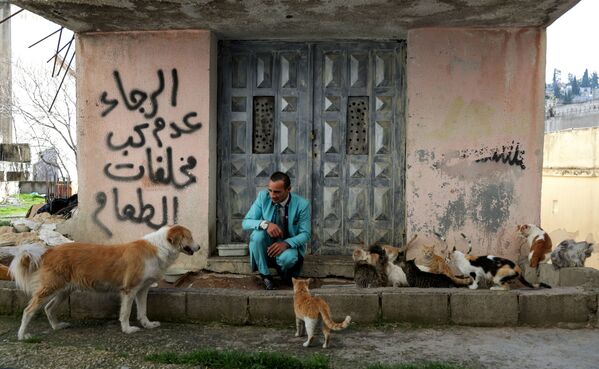 Мужчина играет со своими собакой и кошками возле своего дома в Аммане, Иордания. - Sputnik Узбекистан