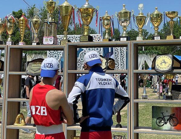 Молодые спортсмены рассматривают трофеи различных турниров, выставленных на молодежном фестивале в Чирчике. - Sputnik Узбекистан
