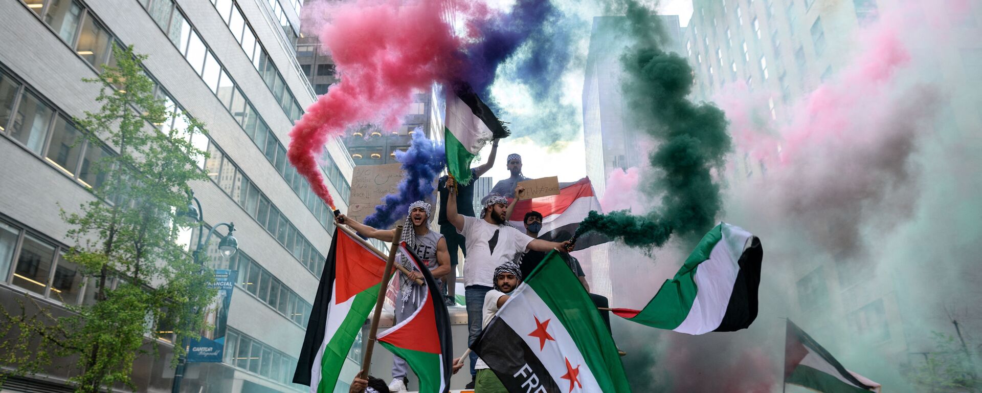 Демонстранты держат палестинский и сирийский флаги в поддержку Палестины в центре Манхэттена - Sputnik Ўзбекистон, 1920, 28.05.2024