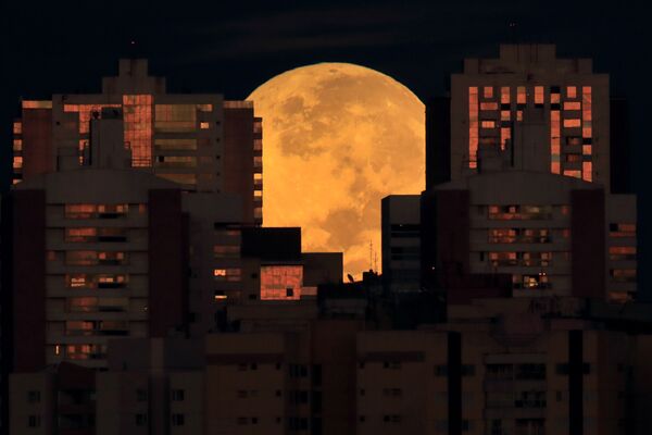 Луна частично закрыта зданиями в столице Бразилии в начале полного лунного затмения. - Sputnik Узбекистан