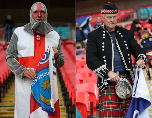 Болельщики из Англии (слева) и из Шотландии перед футбольным матчем между Англией и Шотландией в Лондоне, 18 июня. - Sputnik Узбекистан