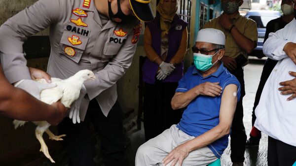 Полиция с курицей во время одаривания вакцинированных в Индонезии  - Sputnik Узбекистан