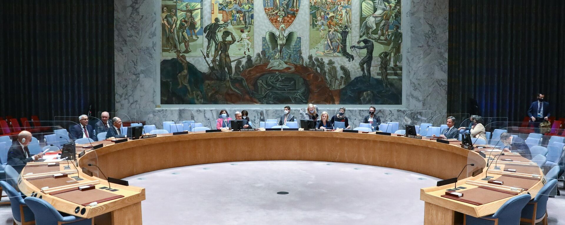 Встреча глав МИД пятерки постоянных членов Совета Безопасности ООН с генеральным секретарем Организации Объединенных Наций (ООН) Антониу Гутеррешем  - Sputnik Узбекистан, 1920, 21.10.2021