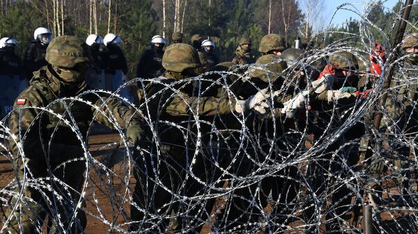 Польские военнослужащие устанавливают забор из колючей проволоки на польско-белорусской границе - Sputnik Узбекистан