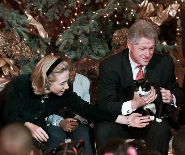 Sobiq AQSh prezidenti Bill Klinton mushukni ushlab turibdi. - Sputnik O‘zbekiston