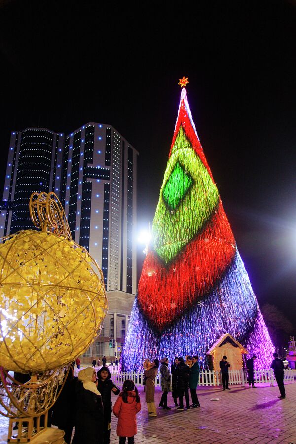 Жители Душанбе сразу собрались полюбоваться на новогоднюю красавицу и, конечно, сфотографироваться. - Sputnik Узбекистан