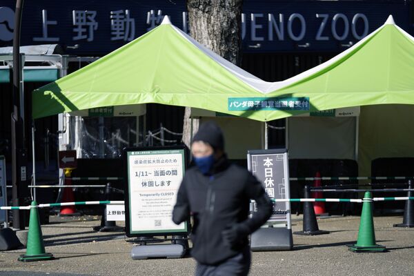 На вывеске у входа в Зоологический сад Уэно на японском языке написано, что зоопарк временно закрыт в связи с пандемией коронавируса. - Sputnik Узбекистан