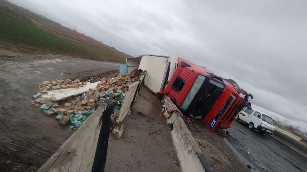 На трассе в Самаркандской области перевернулся грузовик - Sputnik Узбекистан
