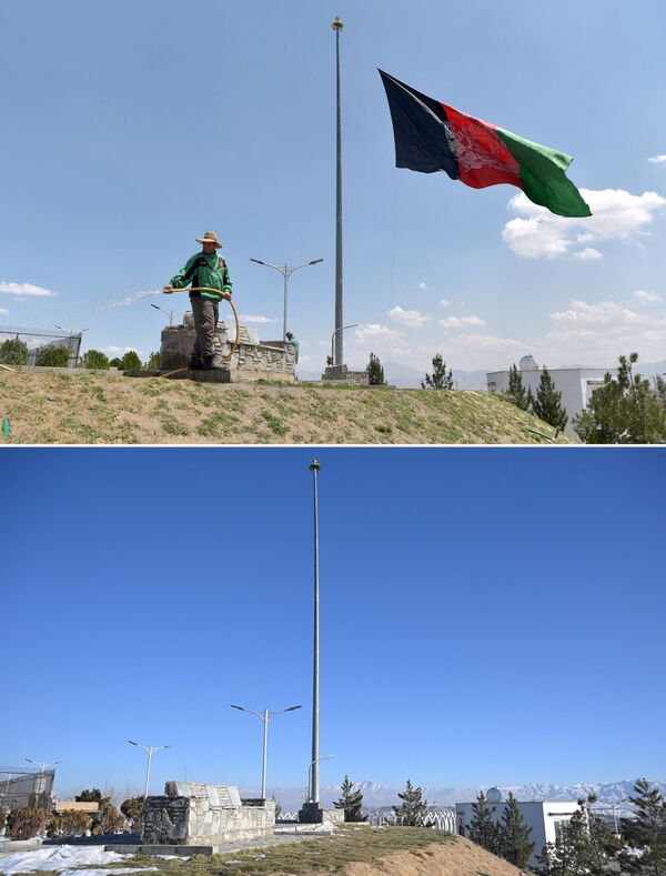 Флагшток с флагом Афганистана (вверху) и без (внизу). После прихода к власти временное правительство предложило для страны новое название и новый флаг.  - Sputnik Узбекистан