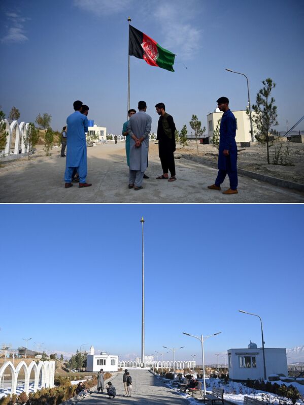 Государственный флаг Афганистана развевается на холме в районе Вазир Акбар Хан (вверху) и пустой флагшток на том же холме. После прихода к власти временное правительство предложило для страны новое название и новый флаг. - Sputnik Узбекистан