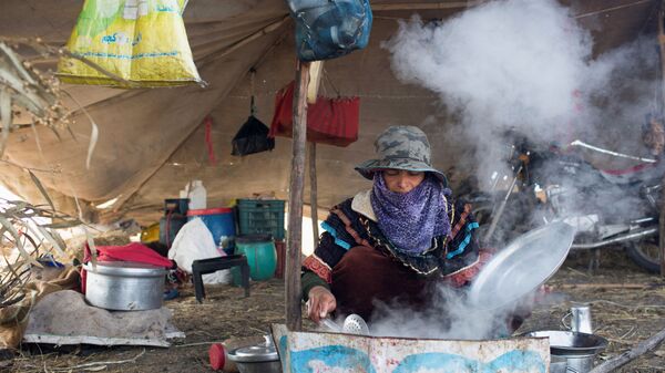 Женщина-бедуинка готовит еду в своей палатке у шоссе, ведущего в Каир в египетской провинции Кафр-Эль-Шейх в дельте Нила, Египет - Sputnik Узбекистан