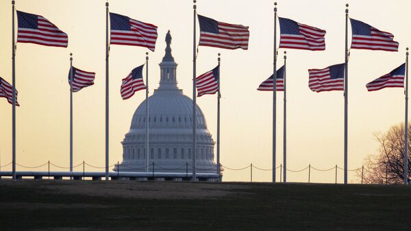Американские флаги на фоне Капитолия в Вашингтоне, США - Sputnik Ўзбекистон