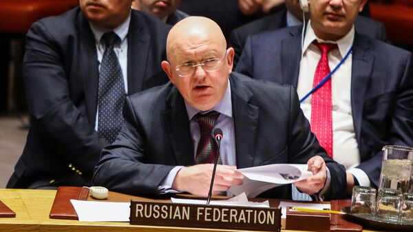 Постоянный представитель Российской Федерации при Организации Объединённых Наций Василий Небензя выступает на открытом заседании совета безопасности ООН в Нью-Йорке. - Sputnik Узбекистан