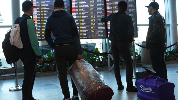 Passajiri u informatsionnogo tablo v aeroportu Domodedovo. - Sputnik O‘zbekiston