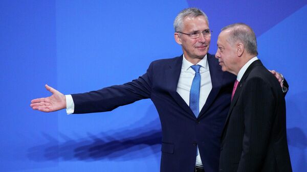 Президент Турции Реджеп Тайип Эрдоган и Генсек НАТО Йенс Столтенберг на саммите НАТО в Мадриде - Sputnik Узбекистан
