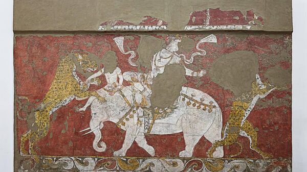 Настенная роспись VII века с изображением сцен охоты из древнего поселения Варахша в Бухарской области - Sputnik Узбекистан