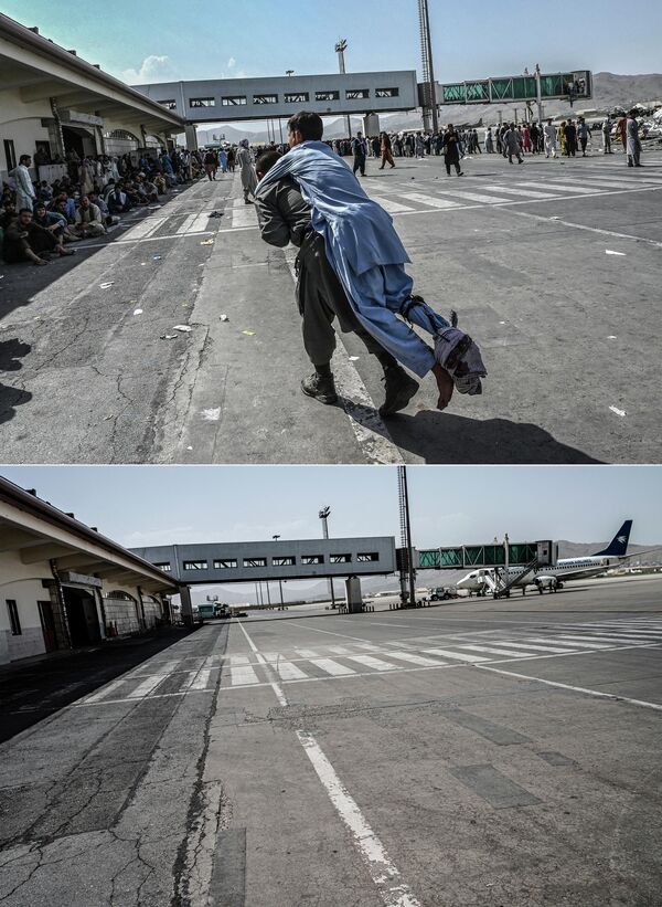 Доброволец несет раненого мужчину в то время, как другие ждут эвакуации в аэропорту Кабула.То же место год спустя. - Sputnik Узбекистан