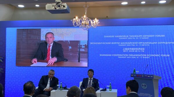 Zamministra ekonomicheskogo razvitiya RF Dmitriy Volvach  vistupayet na ekonomicheskom forume ShOS v Tashkente  - Sputnik O‘zbekiston