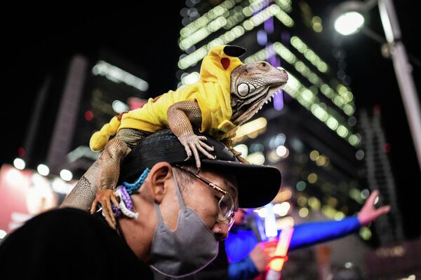 Игуана в костюме покемона сидит на голове мужчины, который принимает участие в праздновании Хэллоуина в Токио. - Sputnik Узбекистан