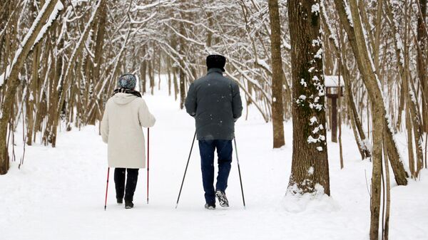 Пожилая пара на прогулке в заснеженном парке, архивное фото - Sputnik Ўзбекистон