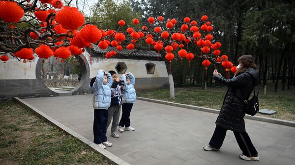 Красные фонари на дереве в парке в Пекине во время подготовки к празднованию Нового года по восточному календарю  - Sputnik Узбекистан