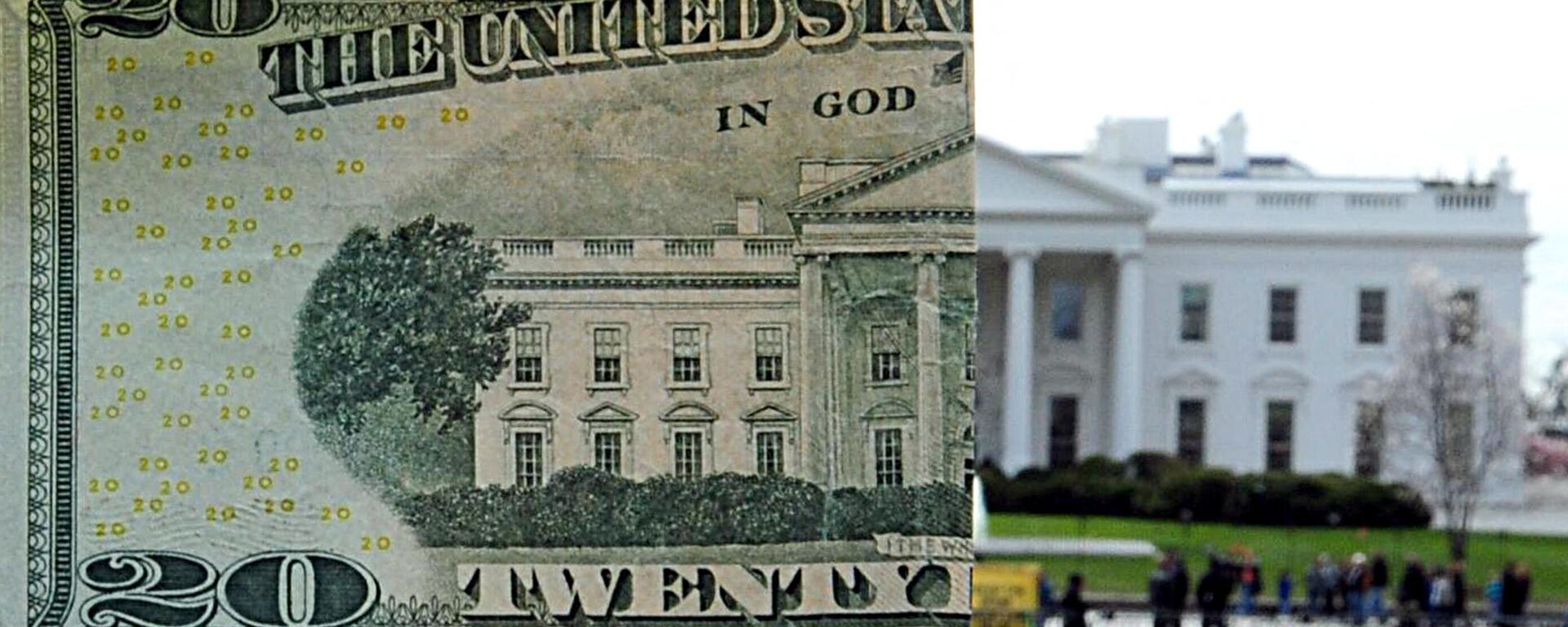 Двадцатидолларовая банкнота Соединенных Штатов, совмещенная с северной стороной Белого дома в Вашингтоне - Sputnik Ўзбекистон, 1920, 25.04.2024