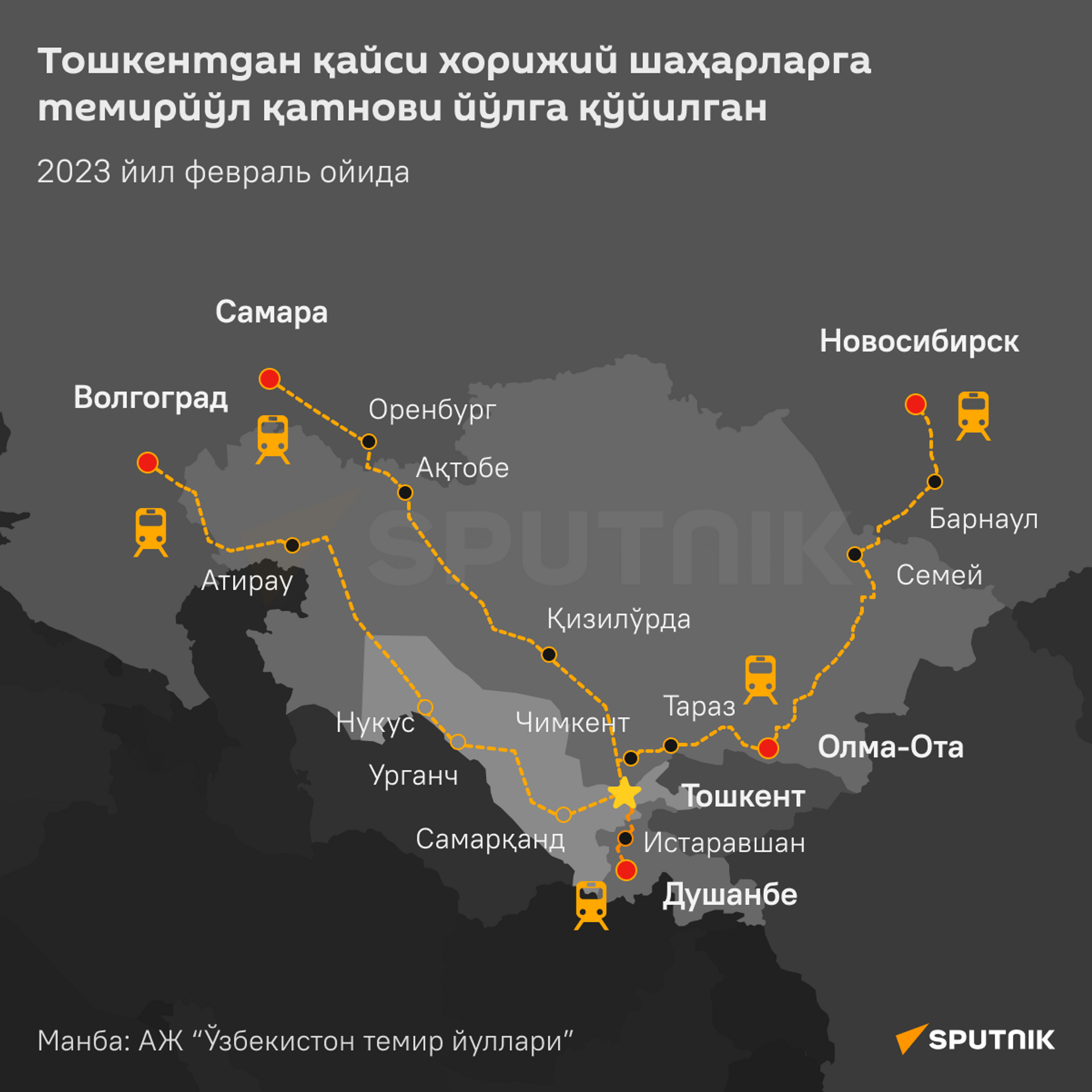 В какие города и страны ходят поезда из Ташкента инфографика узб - Sputnik Ўзбекистон, 1920, 16.02.2023