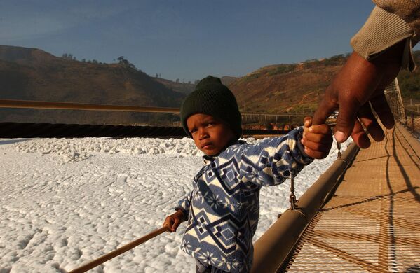 3-летний Леонардо де Соуза держит отца за руку, проходя по узкому мосту через реку Тиете в Пирапора-ду-Бом-Жезус в Бразилии. - Sputnik Узбекистан