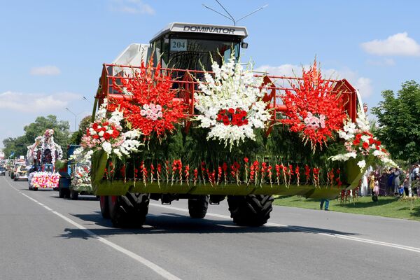 В колонне автотранспорта, открывавшей фестиваль, можно было увидеть не только автомобили, но и комбайн, украшенный цветами. - Sputnik Узбекистан