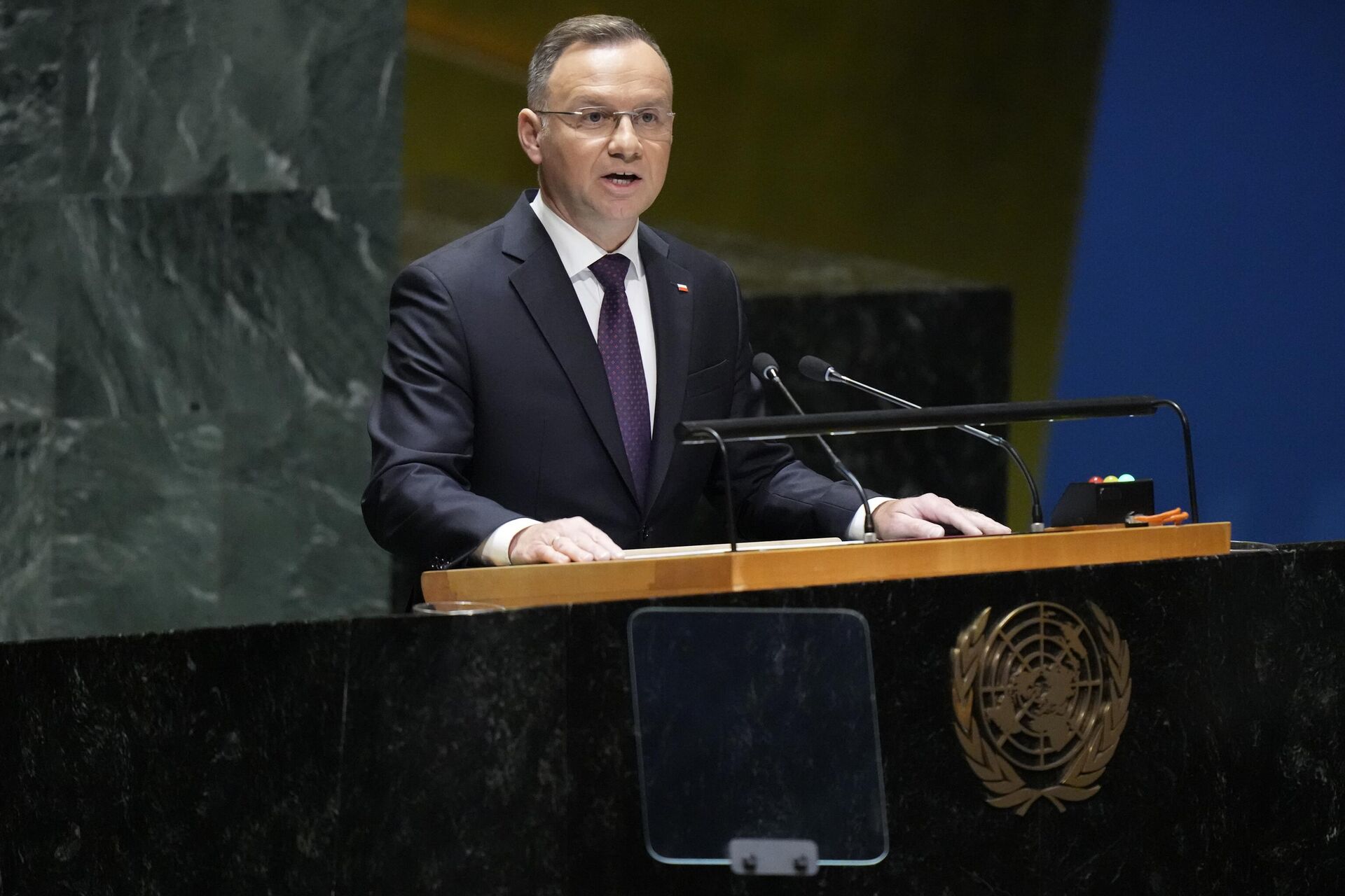Президент Польши Анджей Дуда выступает на 78-й сессии Генеральной Ассамблеи Организации Объединенных Наций 19 сентября 2023 года, - Sputnik Узбекистан, 1920, 22.09.2023