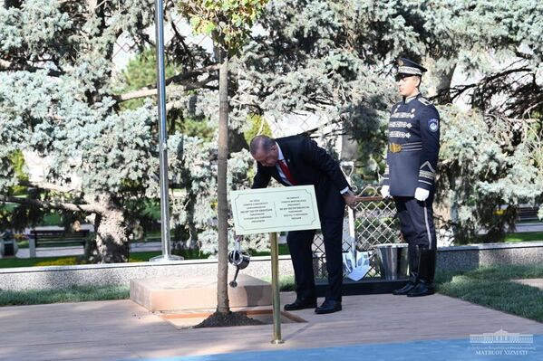 Президент Турции Реджеп Тайип Эрдоган поливает посаженное в рамках Самаркандского саммита Организации тюркских государств дерево. 11 ноября 2022 года. - Sputnik Узбекистан