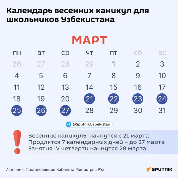 Календарь весенних каникул для школьников Узбекистана - Sputnik Узбекистан