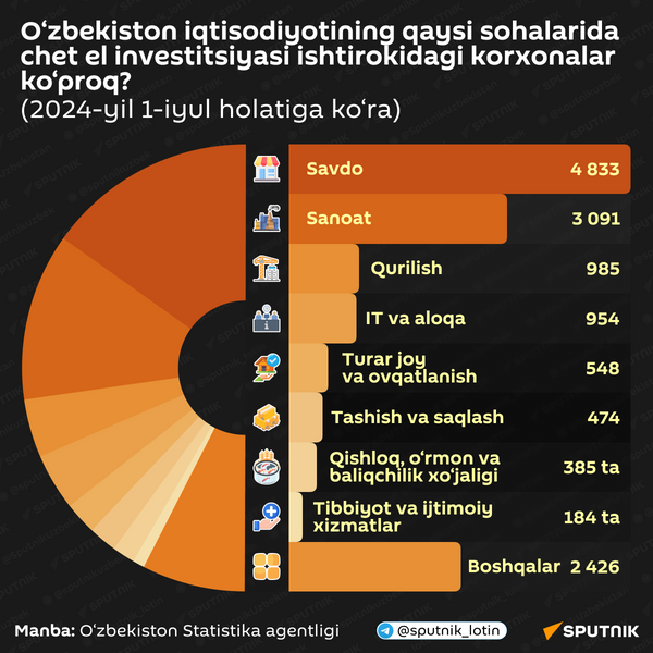 Oʼzbekiston iqtisodiyotining qaysi sohalarida chet el invesstiyasi ishtirokidagi korxonalar koʼproq? - Sputnik O‘zbekiston