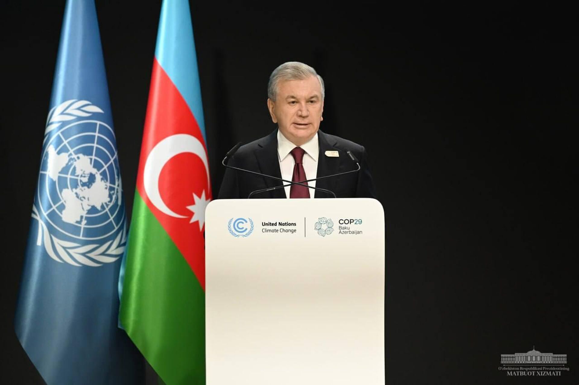 Shavkat Mirziyoyev vistupil na plenarnoy sessii Sammita mirovix liderov v ramkax 29-y sessii Konferensii storon Ramochnoy Konvensii OON ob izmenenii klimata (SOR29), proxodashego v eti dni v gorode Baku. - Sputnik O‘zbekiston, 1920, 12.11.2024