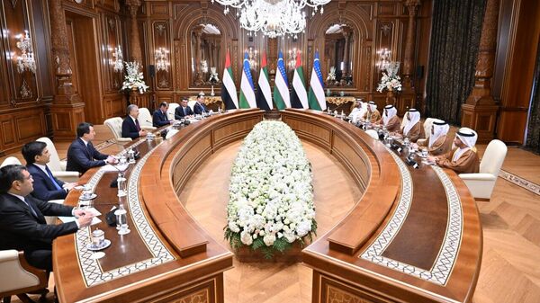 Prezident Respubliki Uzbekistan Shavkat Mirziyoyev prinyal ministra energetiki i infrastrukturi OAE Suxeylya al-Mazrui. - Sputnik O‘zbekiston