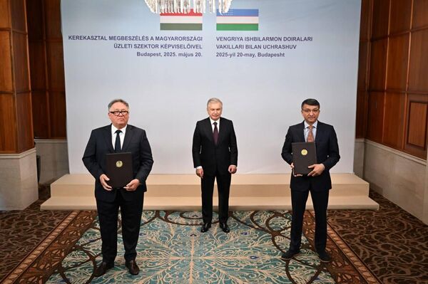 Программа официального визита Президента Республики Узбекистан Шавката Мирзиёева в Будапешт началась со встречи с главами крупнейших компаний и банков Венгрии. Программа официального визита Президента Республики Узбекистан Шавката Мирзиёева в Будапешт началась со встречи с главами крупнейших компаний и банков Венгрии. - Sputnik Ўзбекистон