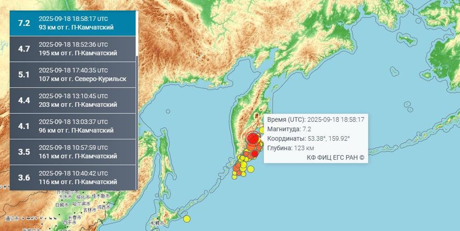 Землетрясение магнитудой 7,2 призошло у берегов Камчатки - Sputnik Узбекистан, 1920, 19.09.2025