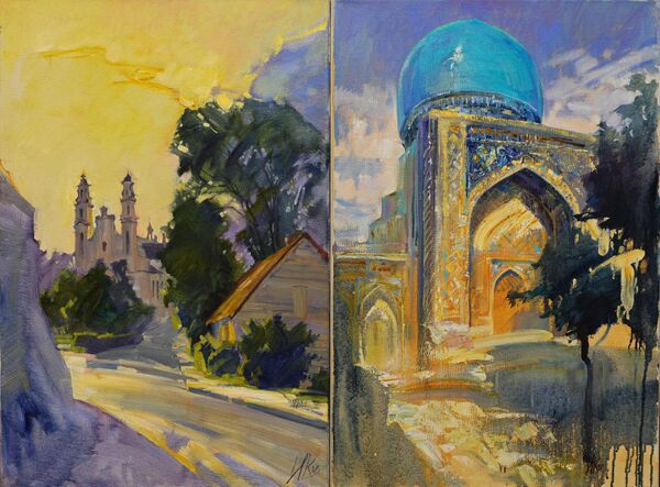 Ғарбнинг нури. Беларусияда қуёшботиши(чапда), Шарқнури. Тилла-Қори Олтин масжиди. Самарқанд - Sputnik Ўзбекистон